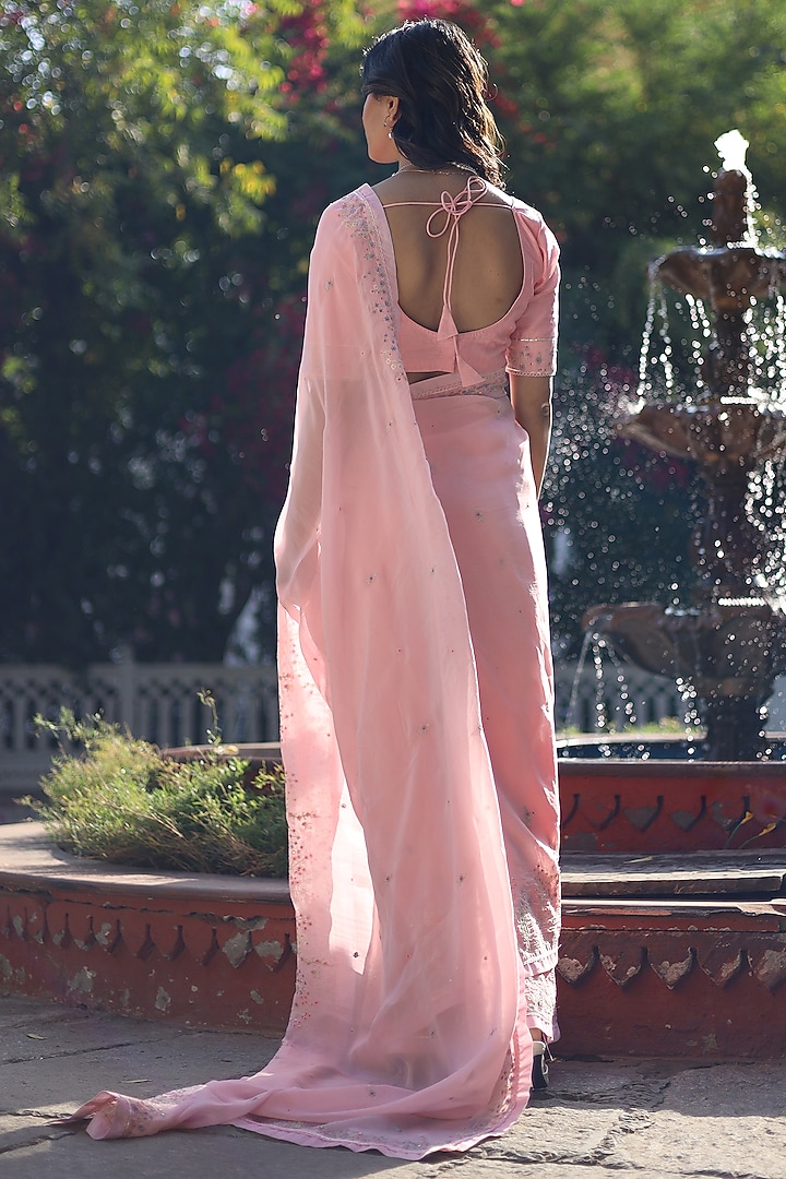 Blush Pink Silk Organza Resham Embroidered Party Wear Saree by TATWA at Pernia's Pop Up Shop