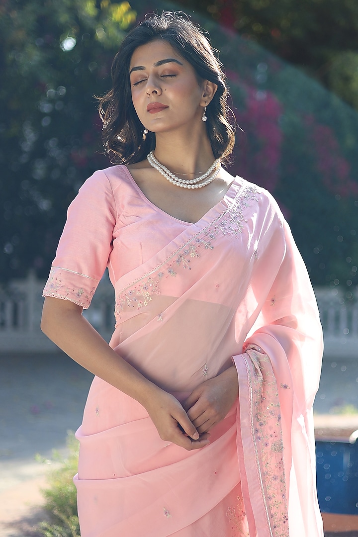Blush Pink Silk Organza Resham Embroidered Party Wear Saree by TATWA at Pernia's Pop Up Shop