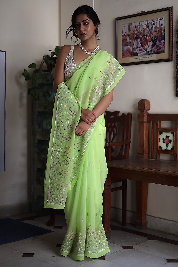 Neon Green Silk Organza Resham Embroidered Saree by TATWA