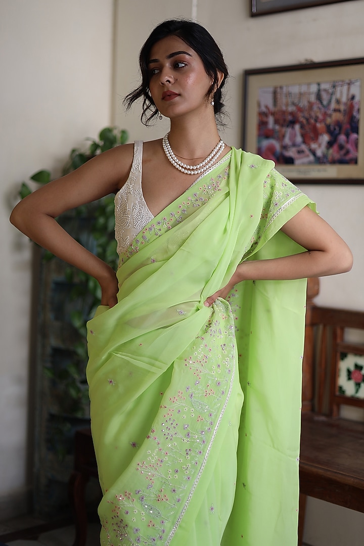 Neon Green Silk Organza Resham Embroidered Party Wear Saree by TATWA at Pernia's Pop Up Shop