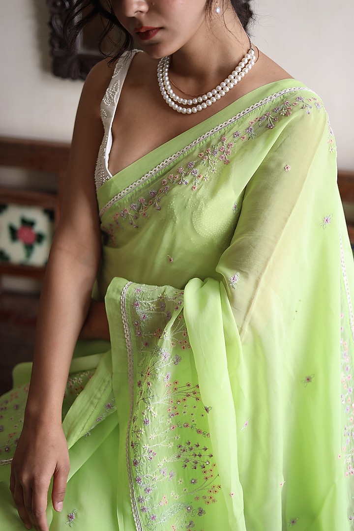 Neon Green Silk Organza Resham Embroidered Party Wear Saree by TATWA at Pernia's Pop Up Shop