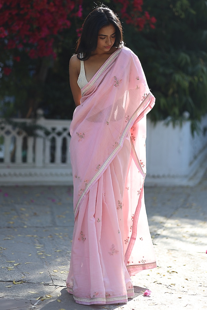 Blush Pink Fine Handloom Chanderi Silk Resham Embroidered Saree by TATWA