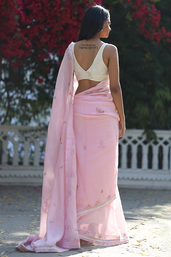 Blush Pink Fine Handloom Chanderi Silk Resham Embroidered Party Wear Saree by TATWA at Pernia's Pop Up Shop