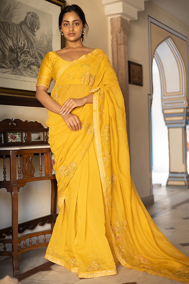 Mustard Fine Handloom Chanderi Silk Resham Embroidered Saree by TATWA