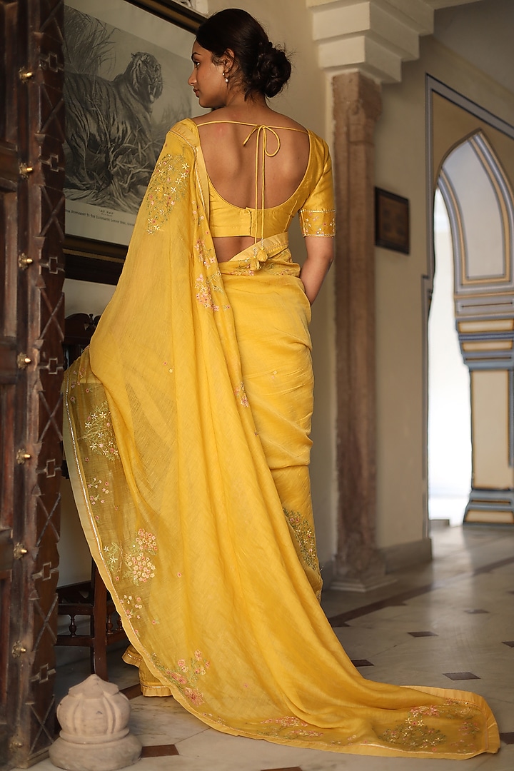 Mustard Fine Handloom Chanderi Silk Resham Embroidered Party Wear Saree by TATWA at Pernia's Pop Up Shop