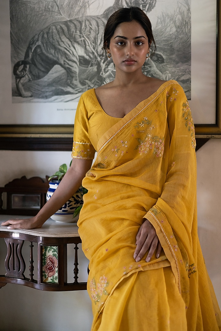Mustard Fine Handloom Chanderi Silk Resham Embroidered Party Wear Saree by TATWA at Pernia's Pop Up Shop