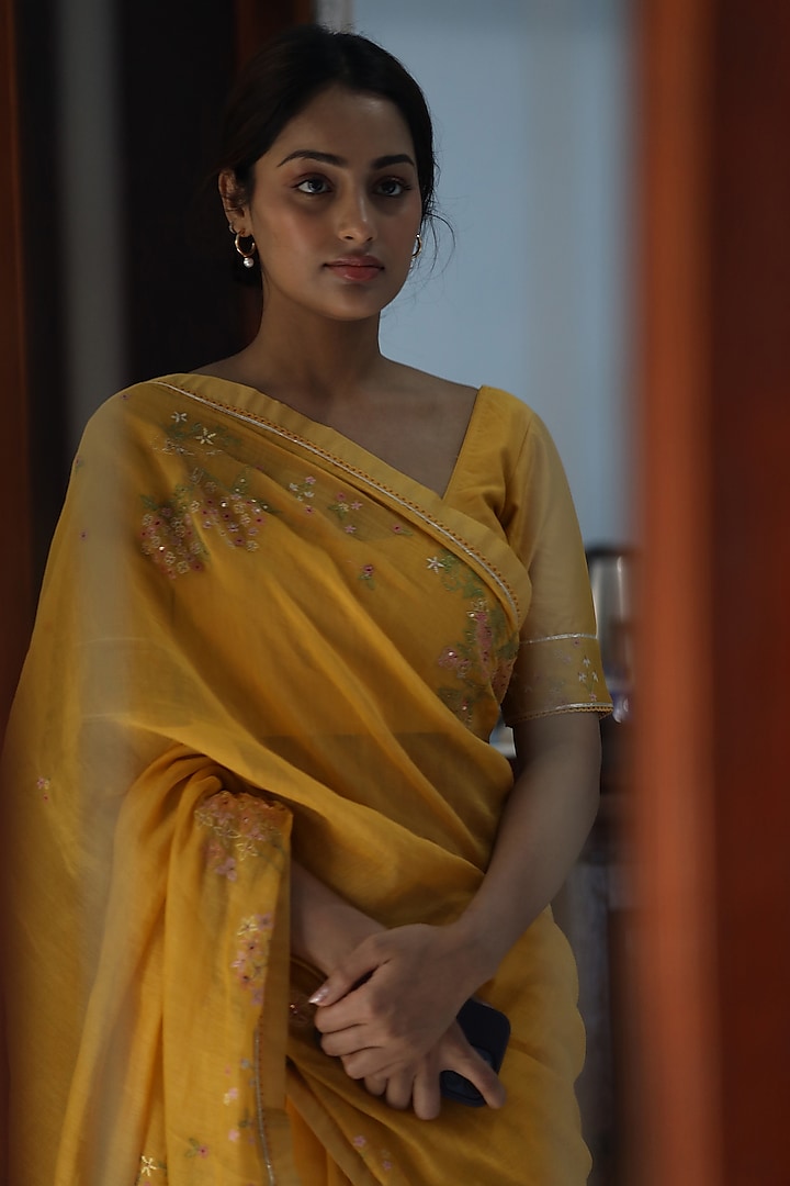 Mustard Fine Handloom Chanderi Silk Resham Embroidered Party Wear Saree by TATWA at Pernia's Pop Up Shop