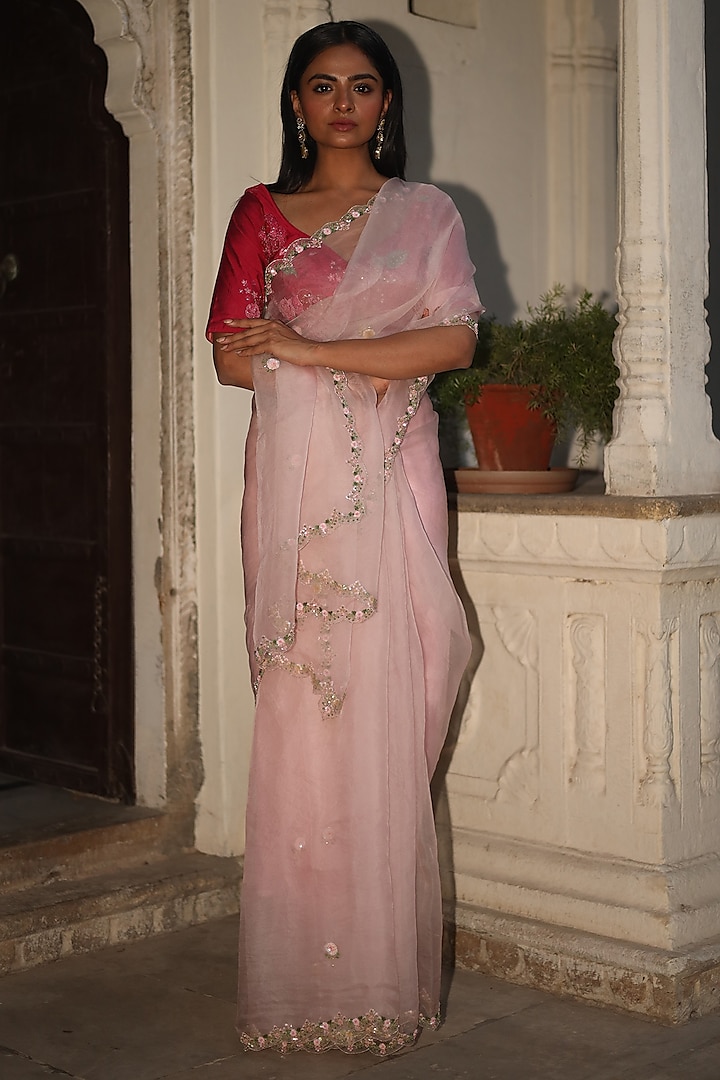 Pink Pure Silk Organza Sequins Work Handcrafted Saree by TATWA at Pernia's Pop Up Shop