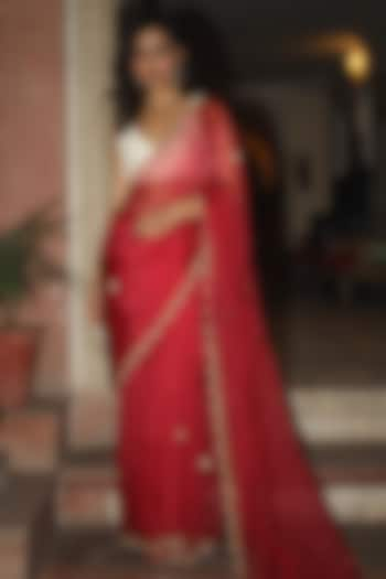 Coral Pink Pure Silk Organza Sequins Work Handcrafted Saree by TATWA at Pernia's Pop Up Shop