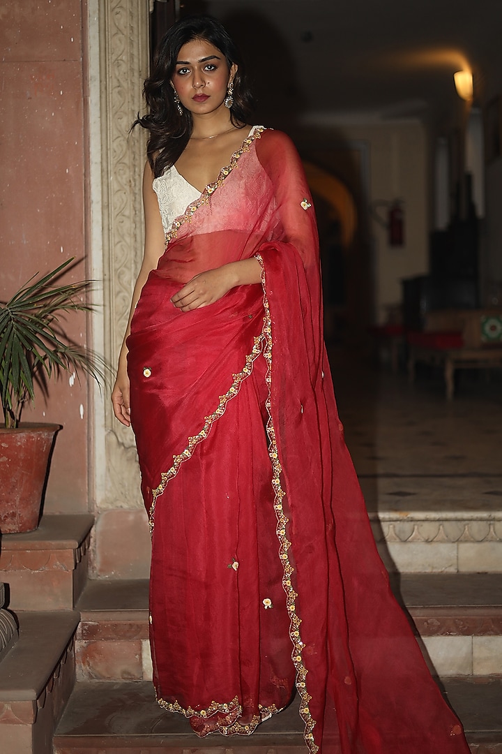 Coral Pink Pure Silk Organza Sequins Work Handcrafted Saree by TATWA
