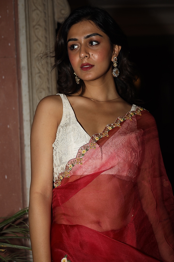 Coral Pink Pure Silk Organza Sequins Work Handcrafted Party Wear Saree by TATWA at Pernia's Pop Up Shop