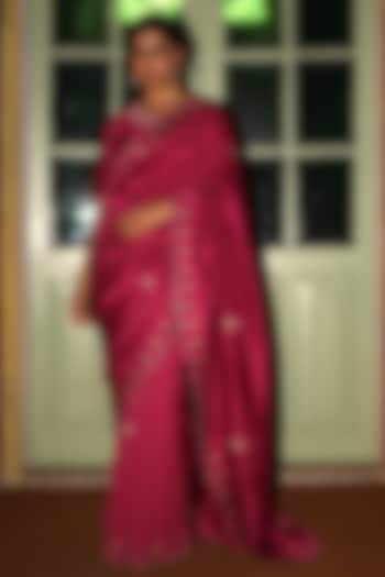 Magenta Pink Handloom Chanderi Silk Zardosi Work Handcrafted Saree by TATWA