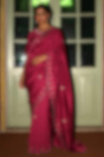 Magenta Pink Handloom Chanderi Silk Zardosi Work Handcrafted Saree by TATWA at Pernia's Pop Up Shop