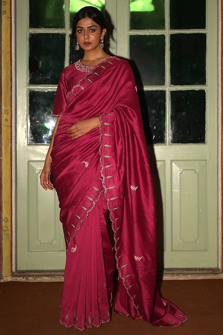 Magenta Pink Handloom Chanderi Silk Zardosi Work Handcrafted Saree by TATWA