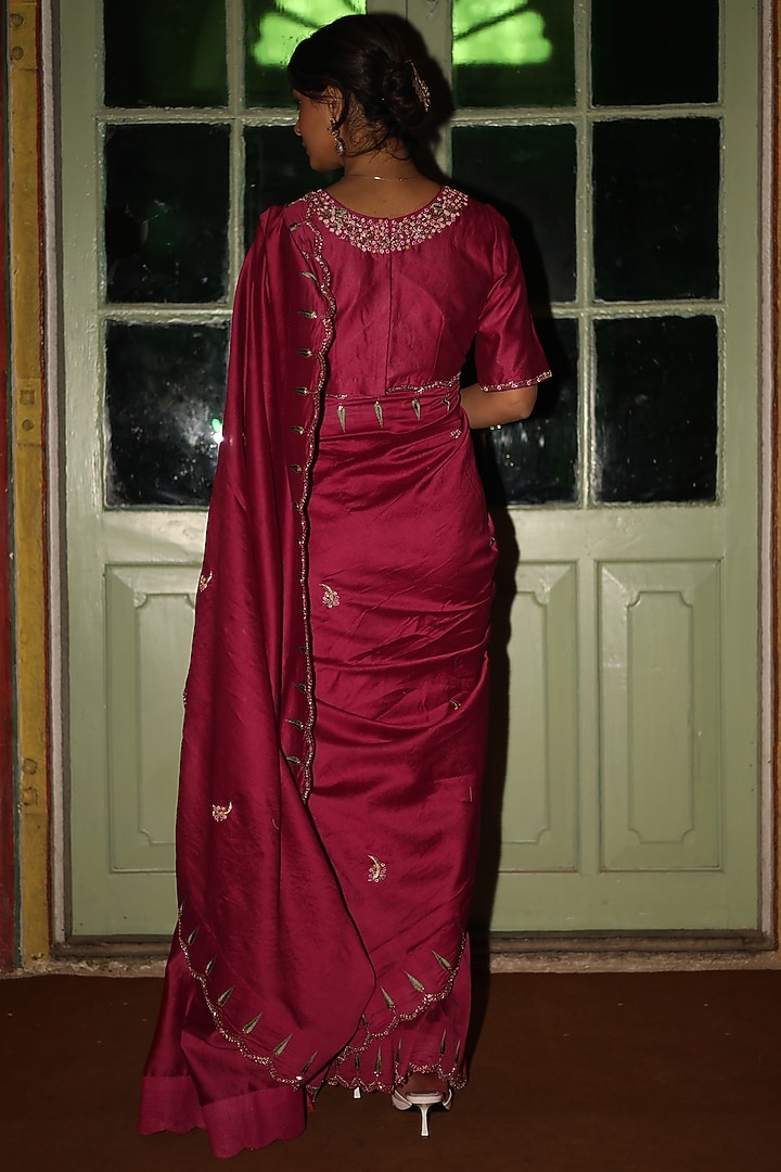 Magenta Pink Handloom Chanderi Silk Zardosi Work Handcrafted Wedding Saree by TATWA at Pernia's Pop Up Shop