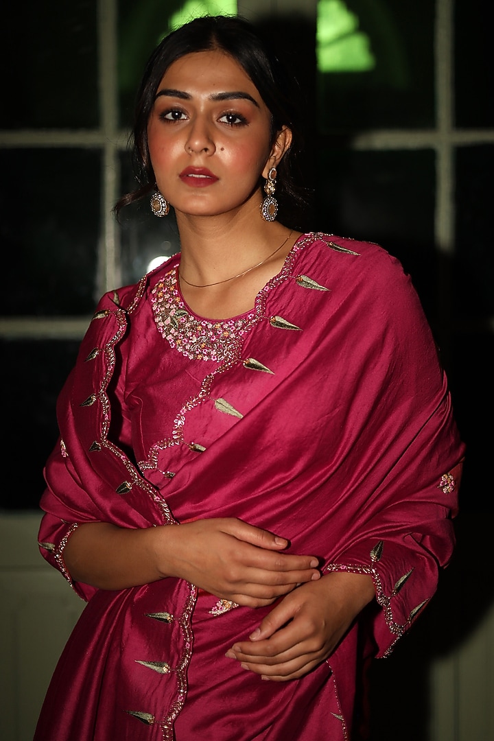 Magenta Pink Handloom Chanderi Silk Zardosi Work Handcrafted Wedding Saree by TATWA at Pernia's Pop Up Shop