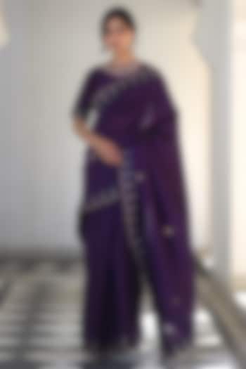 Purple Handloom Chanderi Silk Zardosi Work Handcrafted Saree by TATWA