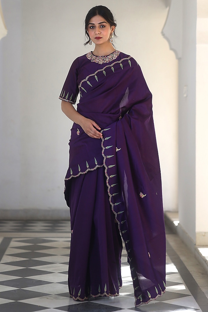 Purple Handloom Chanderi Silk Zardosi Work Handcrafted Saree by TATWA