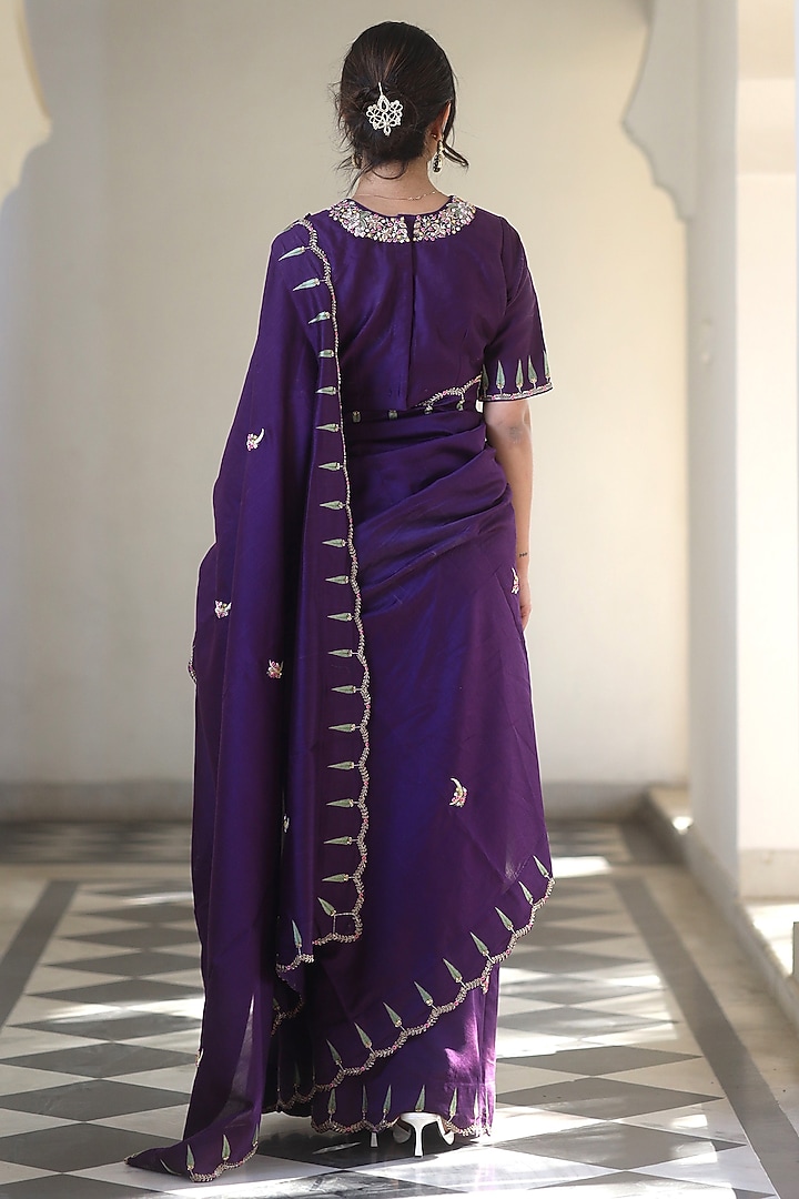 Purple Handloom Chanderi Silk Zardosi Work Handcrafted Wedding Saree by TATWA at Pernia's Pop Up Shop