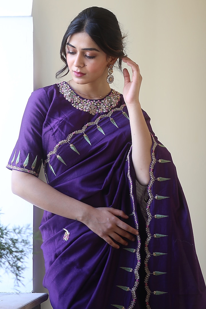 Purple Handloom Chanderi Silk Zardosi Work Handcrafted Wedding Saree by TATWA at Pernia's Pop Up Shop