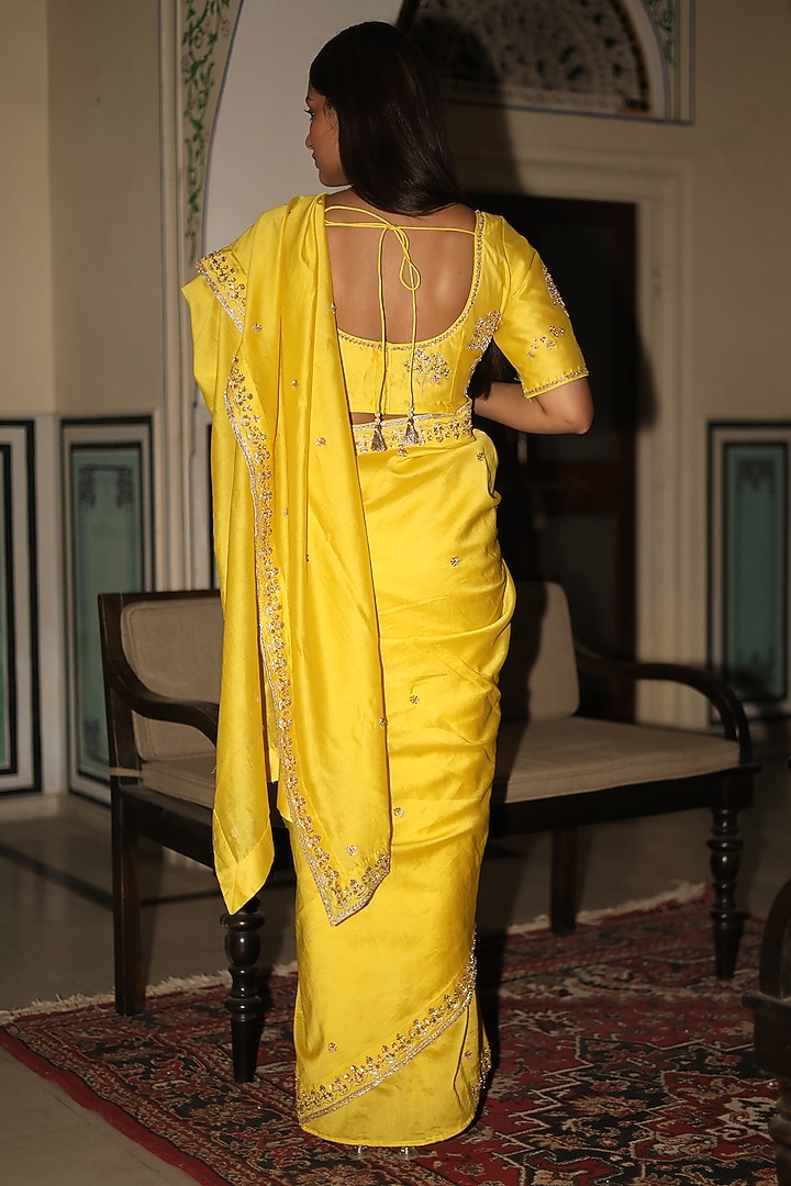 Neon Yellow Handloom Chanderi Silk Zardosi Work Handcrafted Wedding Saree by TATWA at Pernia's Pop Up Shop