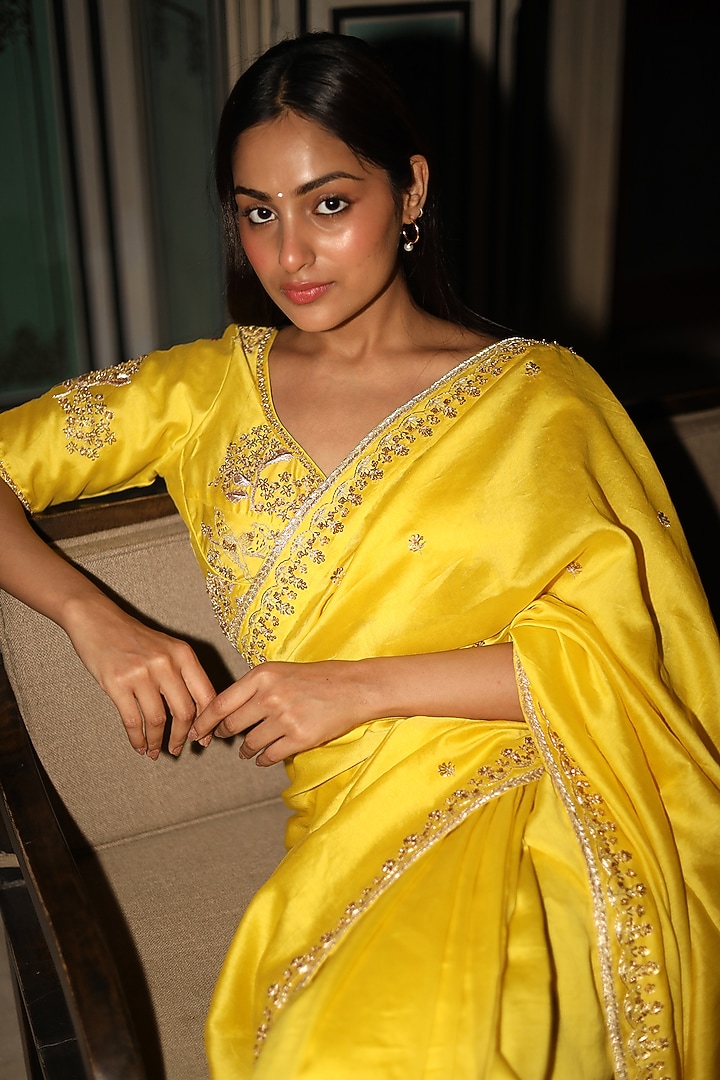 Neon Yellow Handloom Chanderi Silk Zardosi Work Handcrafted Wedding Saree by TATWA at Pernia's Pop Up Shop