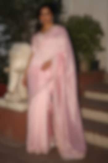 Blush Pink Handloom Chanderi Silk Zardosi Work Handcrafted Saree by TATWA