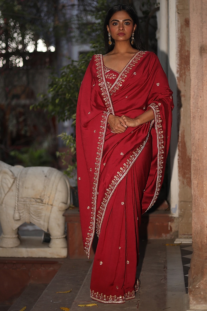 Red Handloom Chanderi Silk Zardosi Work Handcrafted Saree by TATWA
