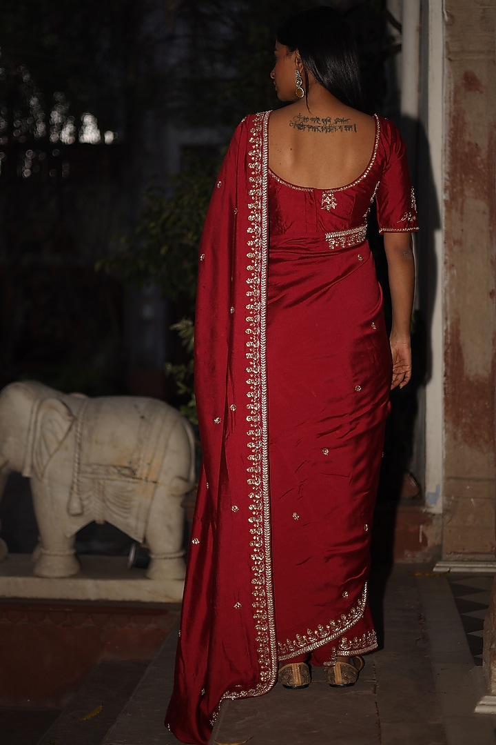 Red Handloom Chanderi Silk Zardosi Work Handcrafted Wedding Saree by TATWA at Pernia's Pop Up Shop