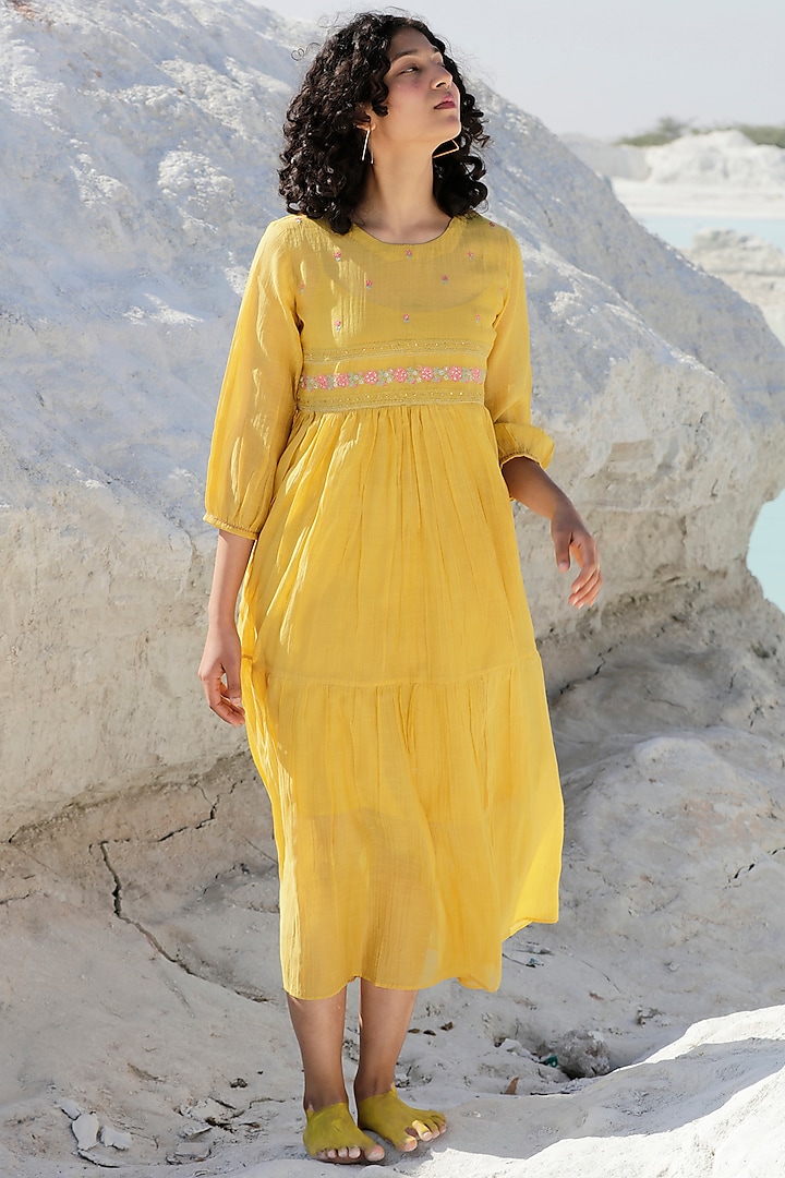 Mustard Chanderi Embroidered Tiered Dress  by TATWA
