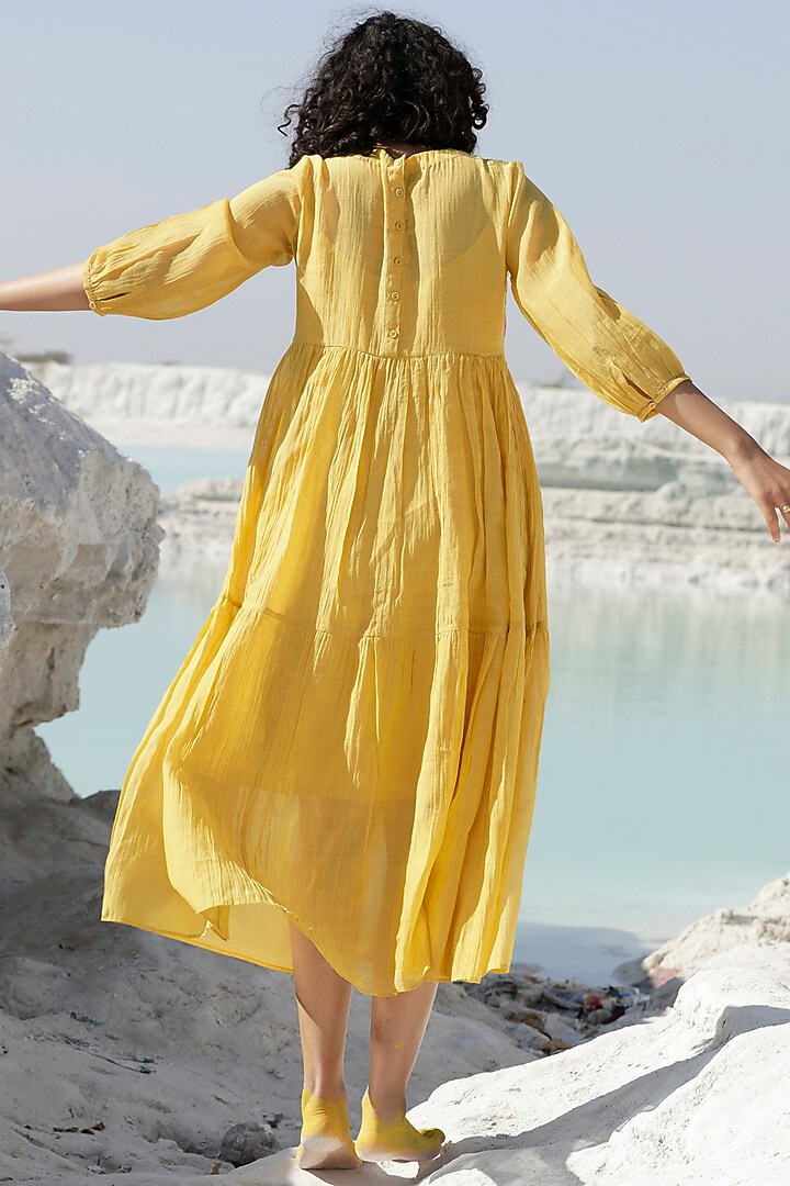 Mustard Chanderi Embroidered Tiered Summer Dress by TATWA at Pernia's Pop Up Shop