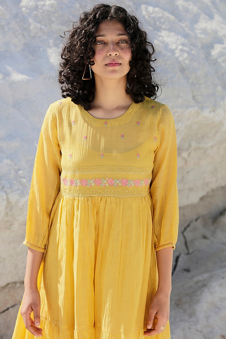 Mustard Chanderi Embroidered Tiered Summer Dress by TATWA at Pernia's Pop Up Shop