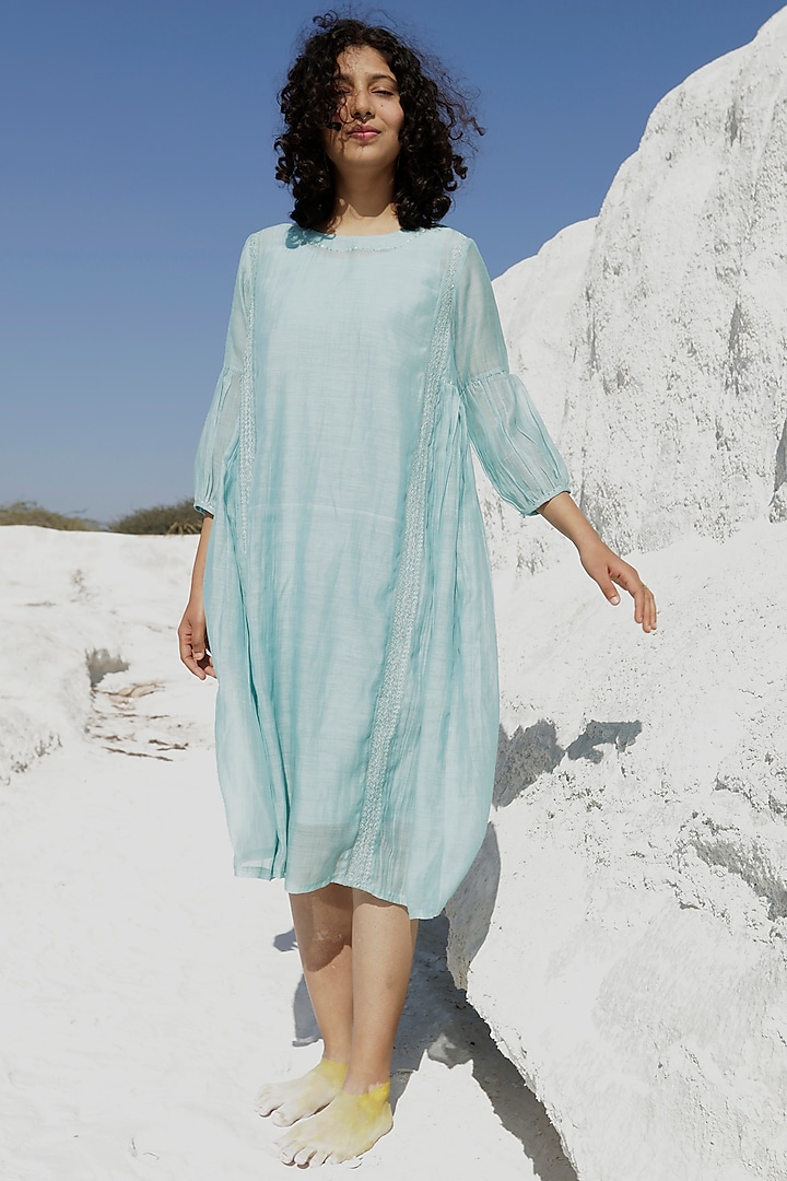 Turquoise Chanderi Embroidered Dress  by TATWA