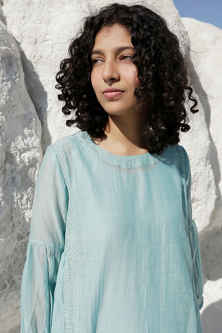 Turquoise Chanderi Embroidered Summer Dress by TATWA at Pernia's Pop Up Shop