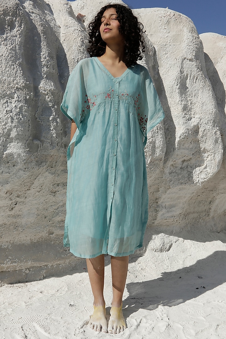 Turquoise Chanderi Embroidered Kaftan  by TATWA at Pernia's Pop Up Shop