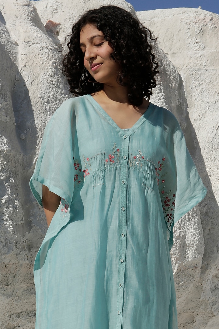 Turquoise Chanderi Embroidered Kaftan  by TATWA at Pernia's Pop Up Shop