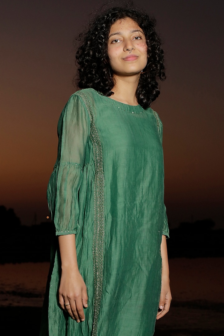 Emerald Green Chanderi Embroidered Summer Dress  by TATWA at Pernia's Pop Up Shop