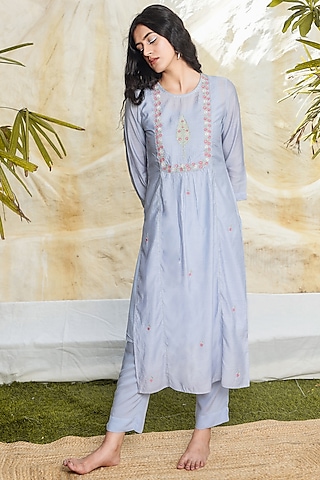Powder Blue Chanderi Embroidered Kurta Set by TATWA