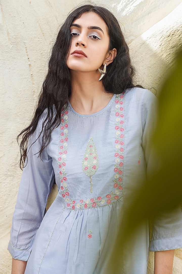 Powder Blue Chanderi Embroidered Kurta Set by TATWA at Pernia's Pop Up Shop
