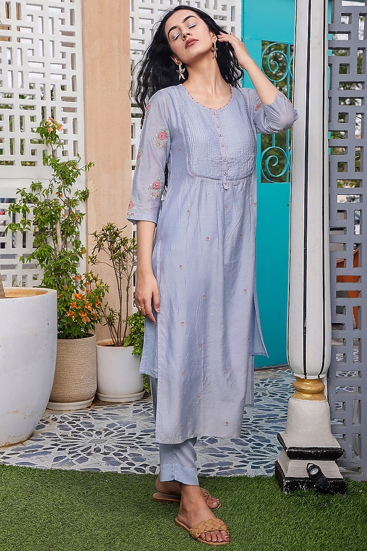 Powder Blue Chanderi Embroidered Kurta Set by TATWA at Pernia's Pop Up Shop