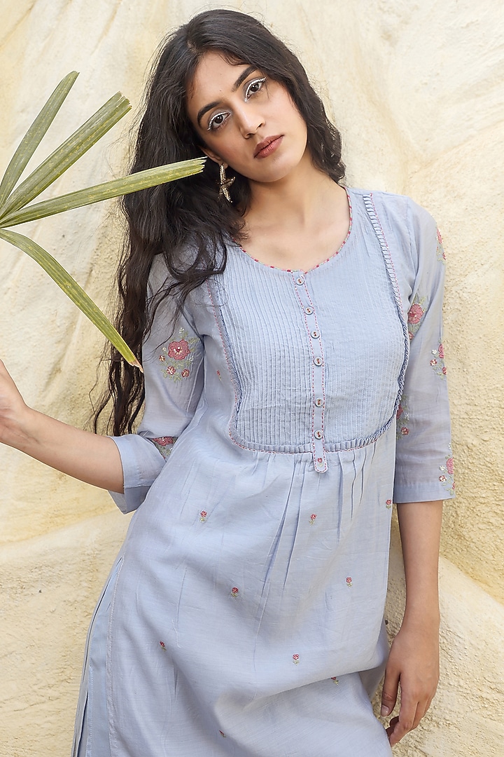 Powder Blue Chanderi Embroidered Kurta Set by TATWA at Pernia's Pop Up Shop