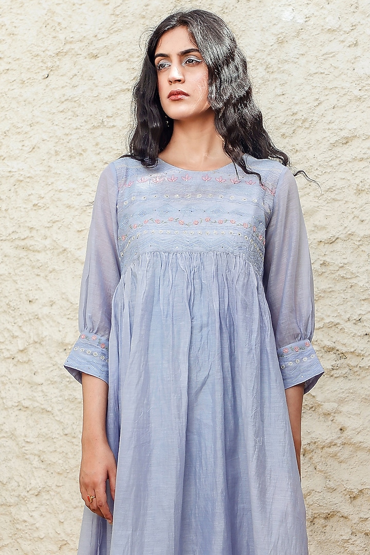 Powder Blue Chanderi Embroidered Tiered Summer Dress  by TATWA at Pernia's Pop Up Shop