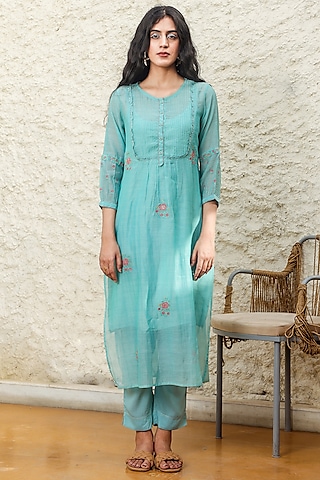 Mint Blue Chanderi Embroidered Kurta Set by TATWA