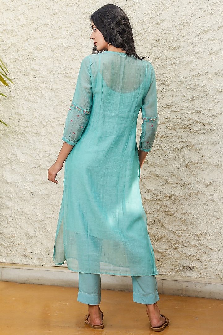 Mint Blue Chanderi Embroidered Kurta Set by TATWA at Pernia's Pop Up Shop