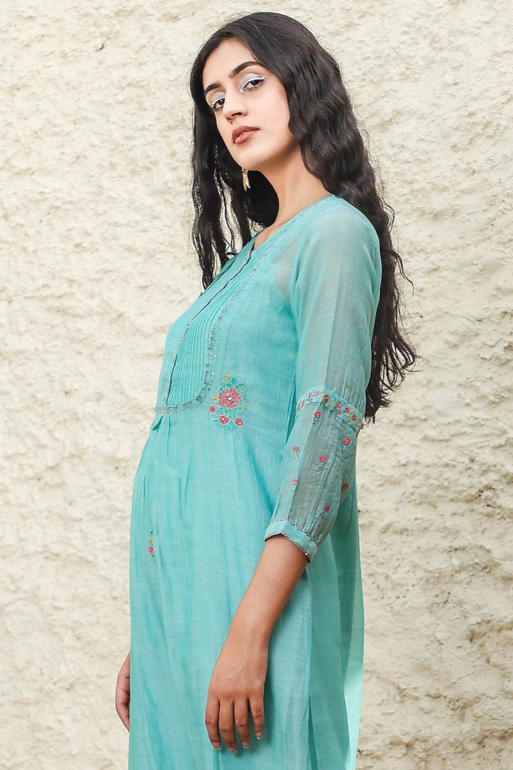 Mint Blue Chanderi Embroidered Kurta Set by TATWA at Pernia's Pop Up Shop