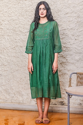 Emerald Green Chanderi Embroidered Dress by TATWA