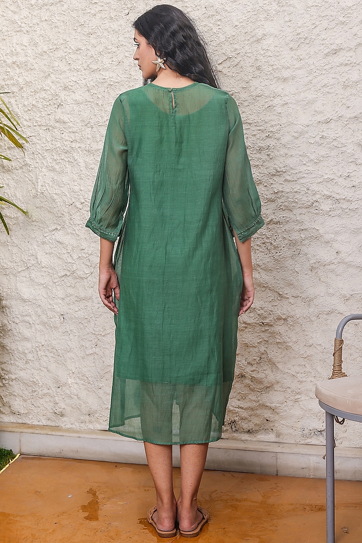 Emerald Green Chanderi Embroidered Summer Dress by TATWA at Pernia's Pop Up Shop