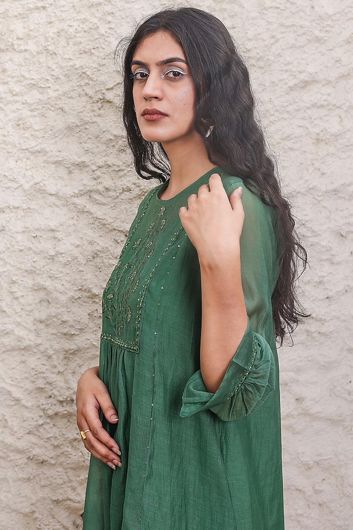 Emerald Green Chanderi Embroidered Summer Dress by TATWA at Pernia's Pop Up Shop