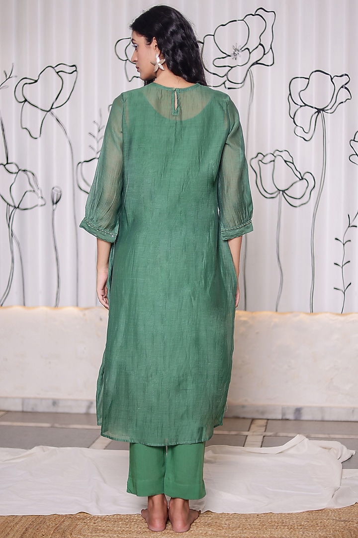 Emerald Green Chanderi Embroidered Kurta Set by TATWA at Pernia's Pop Up Shop