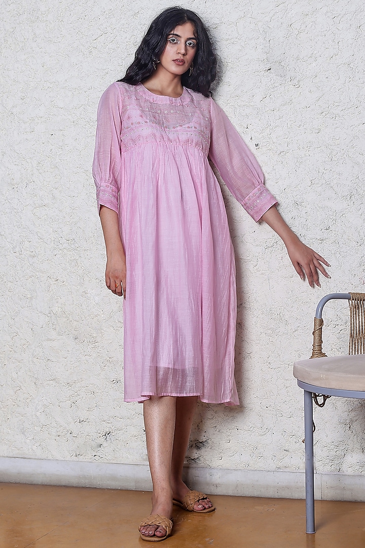 Blush Pink Chanderi Embroidered Dress by TATWA at Pernia's Pop Up Shop